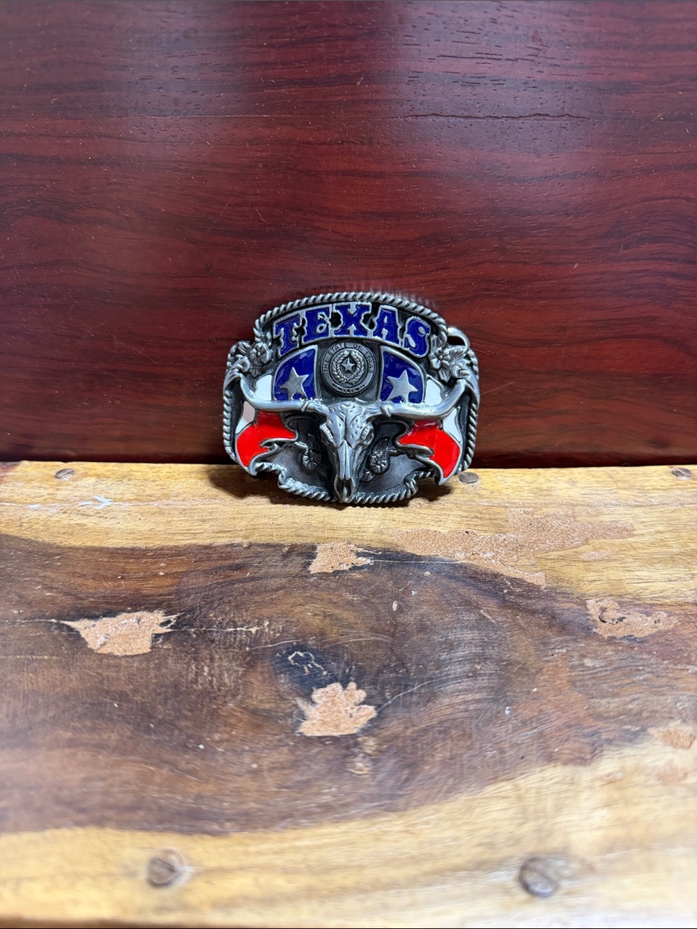 Texas Longhorn Enamel Belt Buckle – Red & Blue Accent